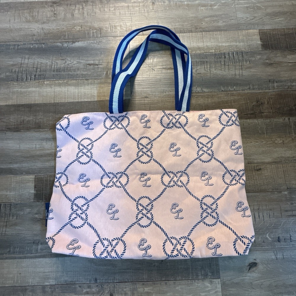 Estee Lauder Tote Bag for Travel Or Beach Navy Blue & Pink Nautical Rope Print